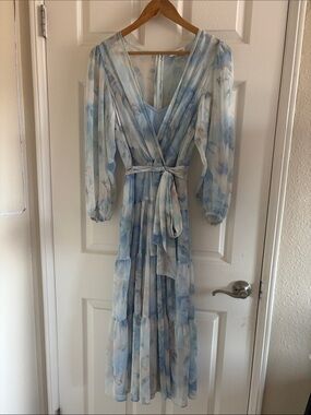 NWOT Calvin Klein Light Blue Watercolor Floral Wrap Maxi Dress